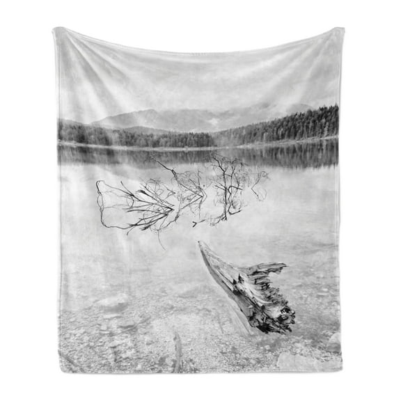 Driftwood Soft Flannel Fleece Throw Blanket, Branch of Fallen Tree in the Lake of the Mountain Foggy Forest Digital Print, Cozy Plush for Indoor and Outdoor Use, 70" x 90", Pale Grey, by Ambesonne