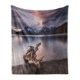 thumbnail image 1 of Driftwood Soft Flannel Fleece Throw Blanket, Driftwood on the Coast with Reflection of the Mountains in the Lake Digital Image, Cozy Plush for Indoor and Outdoor Use, 50" x 70", Redwood, by Ambesonne, 1 of 5