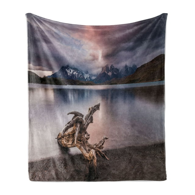 Driftwood Soft Flannel Fleece Throw Blanket, Driftwood on the Coast with Reflection of the Mountains in the Lake Digital Image, Cozy Plush for Indoor and Outdoor Use, 60" x 80", Redwood, by Ambesonne
