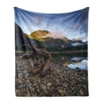 thumbnail image 1 of Driftwood Soft Flannel Fleece Throw Blanket, Landscape of a Mountain Lake and Cloudy Sky Driftwood on Rocky Shoreline, Cozy Plush for Indoor and Outdoor Use, 50" x 60", Blue and Brown, by Ambesonne, 1 of 5