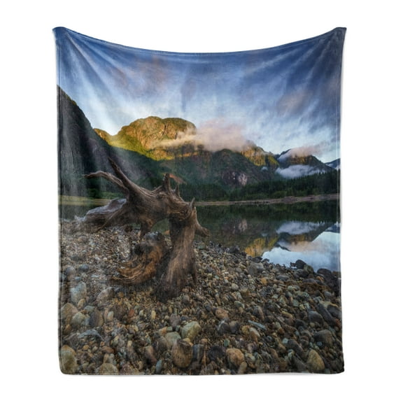 Driftwood Soft Flannel Fleece Throw Blanket, Landscape of a Mountain Lake and Cloudy Sky Driftwood on Rocky Shoreline, Cozy Plush for Indoor and Outdoor Use, 60" x 80", Blue and Brown, by Ambesonne