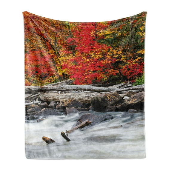 Driftwood Soft Flannel Fleece Throw Blanket, Raft of Driftwood Lies by Rushing Rocky Streamutumn Season Forest Digital Image, Cozy Plush for Indoor and Outdoor Use, 50" x 60", Red, by Ambesonne