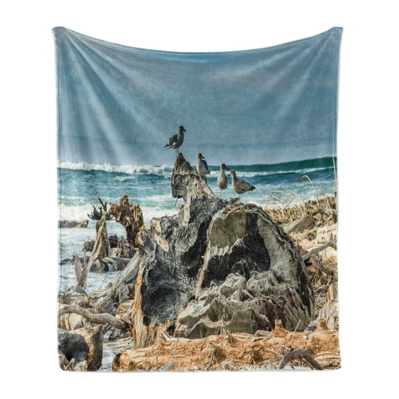 Driftwood Soft Flannel Fleece Throw Blanket, Raft of Driftwood on the Shoreline with Seagulls Wavy Seand the Sky Digital Image, Cozy Plush for Indoor and Outdoor Use, 60" x 80", Blue, by Ambesonne
