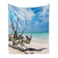 thumbnail image 1 of Driftwood Soft Flannel Fleece Throw Blanket, Seascape Theme Branches on the Sandy Beach of Cuba and the Sky Image, Cozy Plush for Indoor and Outdoor Use, 60" x 80", Turquoise Sky Blue, by Ambesonne, 1 of 6