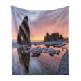 thumbnail image 1 of Driftwood Soft Flannel Fleece Throw Blanket, Setting Sun Theme Sea Stacks and Wood at Ruby Beach Digital Image, Cozy Plush for Indoor and Outdoor Use, 70" x 90", Orange and Grey, by Ambesonne, 1 of 5