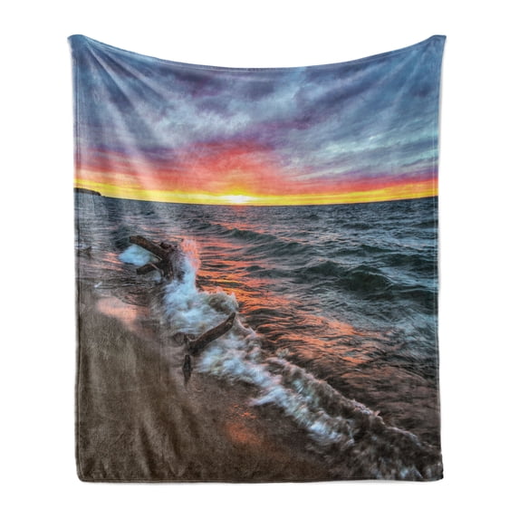 Driftwood Soft Flannel Fleece Throw Blanket, Driftwood on the Shores of the Lake Set Against the Sunset Horizon Image, Cozy Plush for Indoor and Outdoor Use, 60" x 80", Blue Grey Orange, by Ambesonne