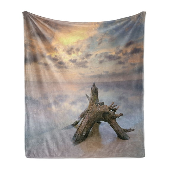 Driftwood Soft Flannel Fleece Throw Blanket, Sunrise on the Water and Driftwood on the Sandy Beach Digital Image Print, Cozy Plush for Indoor and Outdoor Use, 50" x 60", Tan and Yellow, by Ambesonne