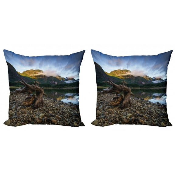 Ambesonne Landscape Throw Pillow Cover 2 Pack, Mountain Lake Skies, 20", Blue and Brown