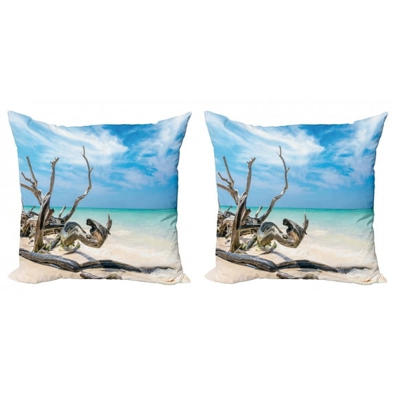 Ambesonne Landscape Throw Pillow Cover 2 Pack, Seascape Sandy Beach, 16", Turquoise Sky Blue