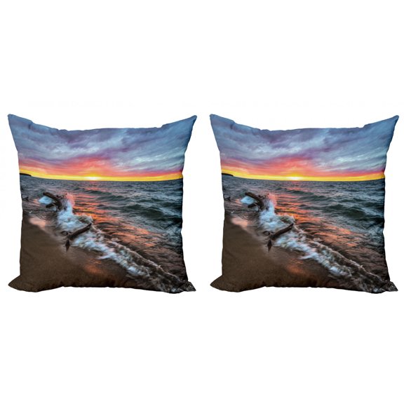 Ambesonne Landscape Throw Pillow Cover 2 Pack, Sunset Horizon Lake, 16", Blue Grey Orange