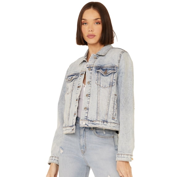 Driftwood Women's Light Wash Patchwork Cropped Button-Front Denim Jacket Blue US