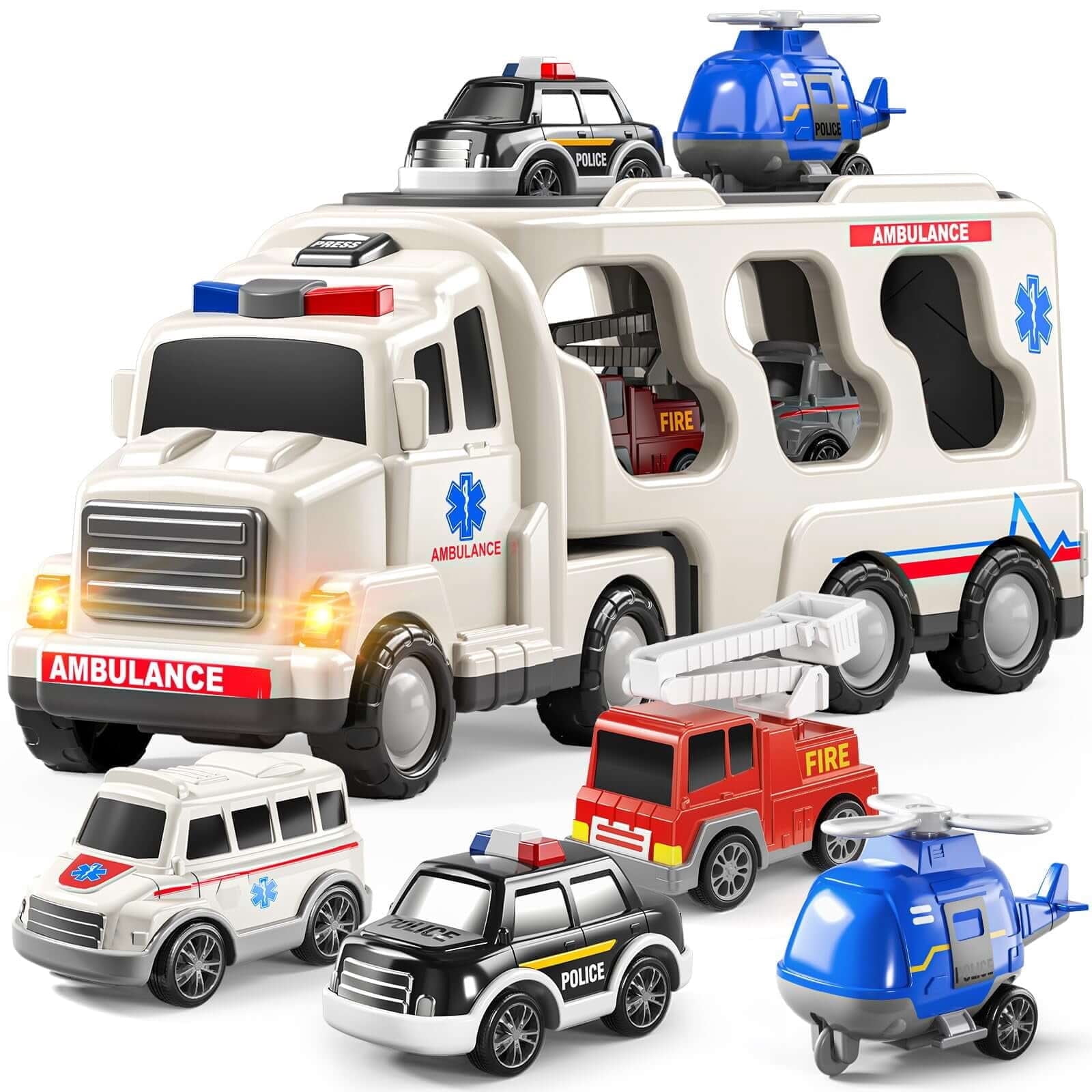 Drify 5 in 1 Ambulance Vehicle  Carrier Truck Toys for 3-6 Year Old  Kids Friction Power Toy Cars with Rescue Helicopter, Police Car, Fire Truck, Ambulance Car, Gifts for Boys and Girls