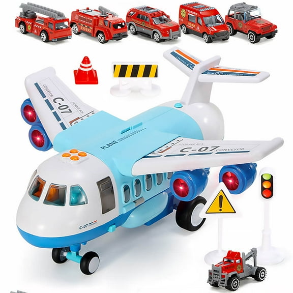 Drify Airplane Toy Toddler Transport Cargo Car Toys Kid Carrier Vehicle Police Car Toys for Boys Girls Age 2-4 3-5 4-7 Year Old