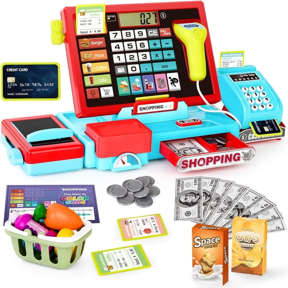 Drify Toy Cash Register for Kids with Sound Music/Scanner/Microphone/Credit Card/Play Money, Pretend Learning Toy Kids Cash Register, Christmas Birthday Gift for Toddlers Girl Boy Age 3 4 5 6