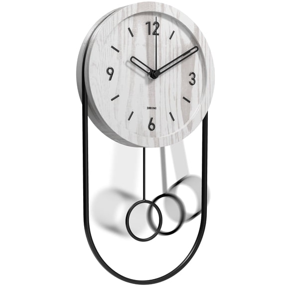 Driini 15.5-inch White and Gold Modern Oval Wood Pendulum Wall Clock with 3D Numbers