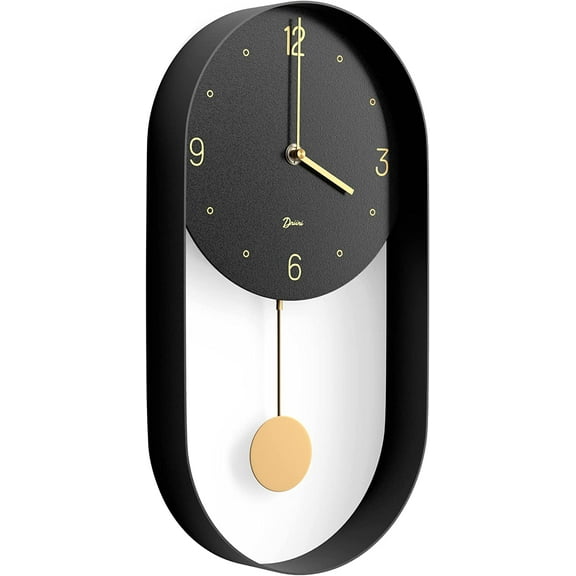 Driini Modern Pendulum Wall Clock - Decorative and Unique Metal Frame, with 8 Inch Face - Contemporary, Minimalist Design, with Silent Battery Operation - Includes Both Black and Gold Pendelum