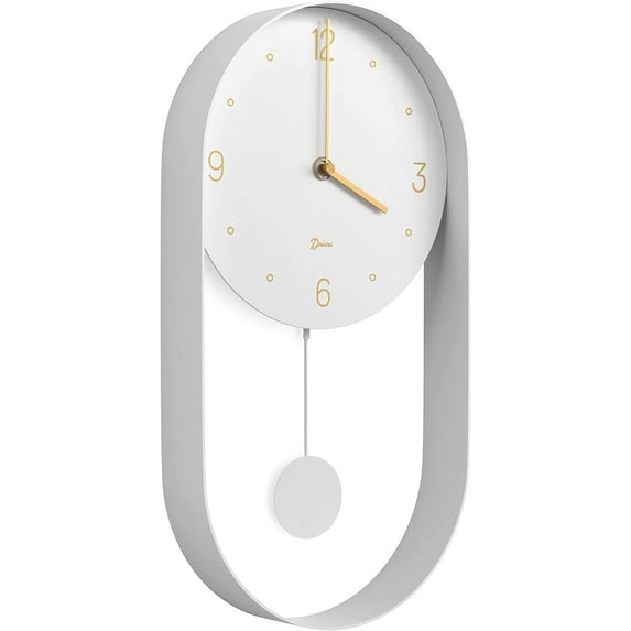 Driini Modern Pendulum Wall Clock - Decorative and Unique Metal Frame, with 8 Inch Face - Contemporary, Minimalist Design, with Silent Non Ticking Operation - Includes Both White and Gold Pendelum