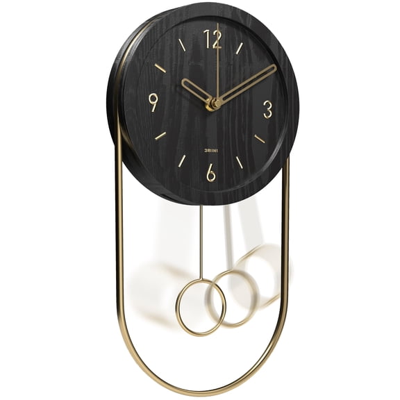 Driini 15.5-inch Black and Gold Modern Oval Wood Pendulum Wall Clock with 3D Numbers