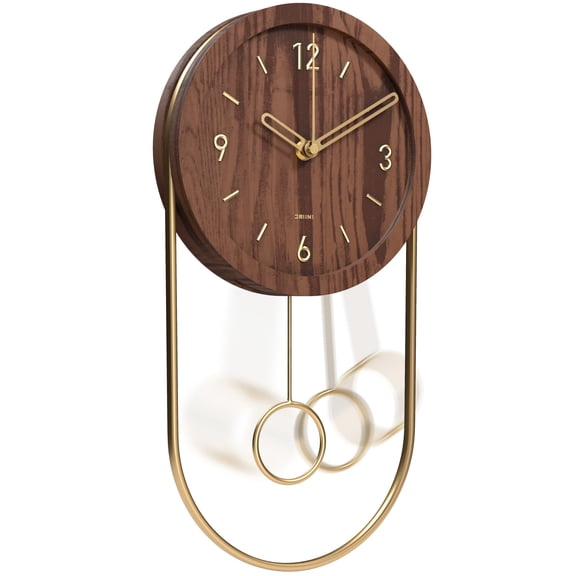 Driini 15.5-inch Walnut and Gold Modern Oval Wood Pendulum Wall Clock with 3D Numbers
