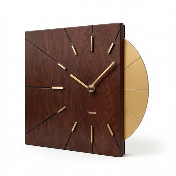 Driini 12-inch Wood and Gold Mid Century Modern Square Wall Clock, Silent Non-Ticking