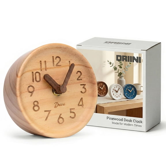 Driini 4.3-inch Light Round Pine Wood Analog Desk Clock, Silent Non-Ticking