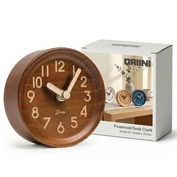 Driini Wooden Analog Desk Clock – Easy to Read; Silent Sweep Table Decor