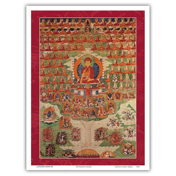 The Drikung Lineage - Field of Accumulation Practice - Vintage Tibetan Thangka Buddhist Painting - Tibet, 17th Century - Master Art Print (Unframed) 9in x 12in