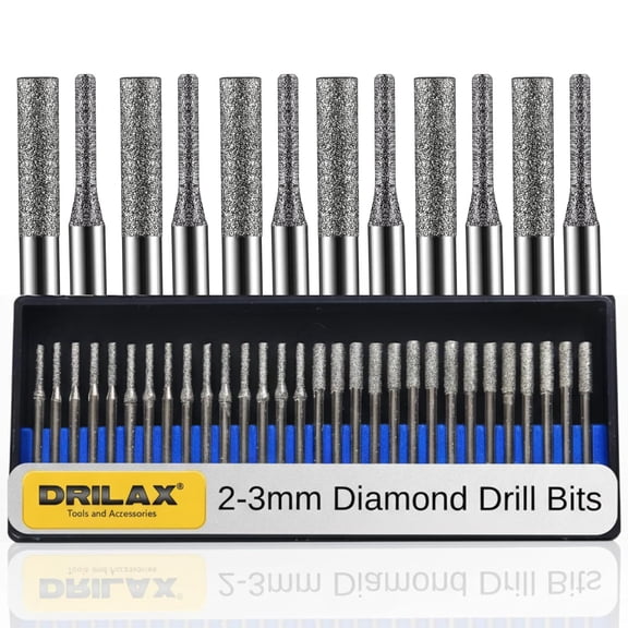 Drilax 30 pcs SET 2mm and 3mm Mix Diamond Drill Bit Cylindrical Bur Kit Jewelry Beach Sea Glass Shells Gemstones Lapidary Shank 1/8 inch