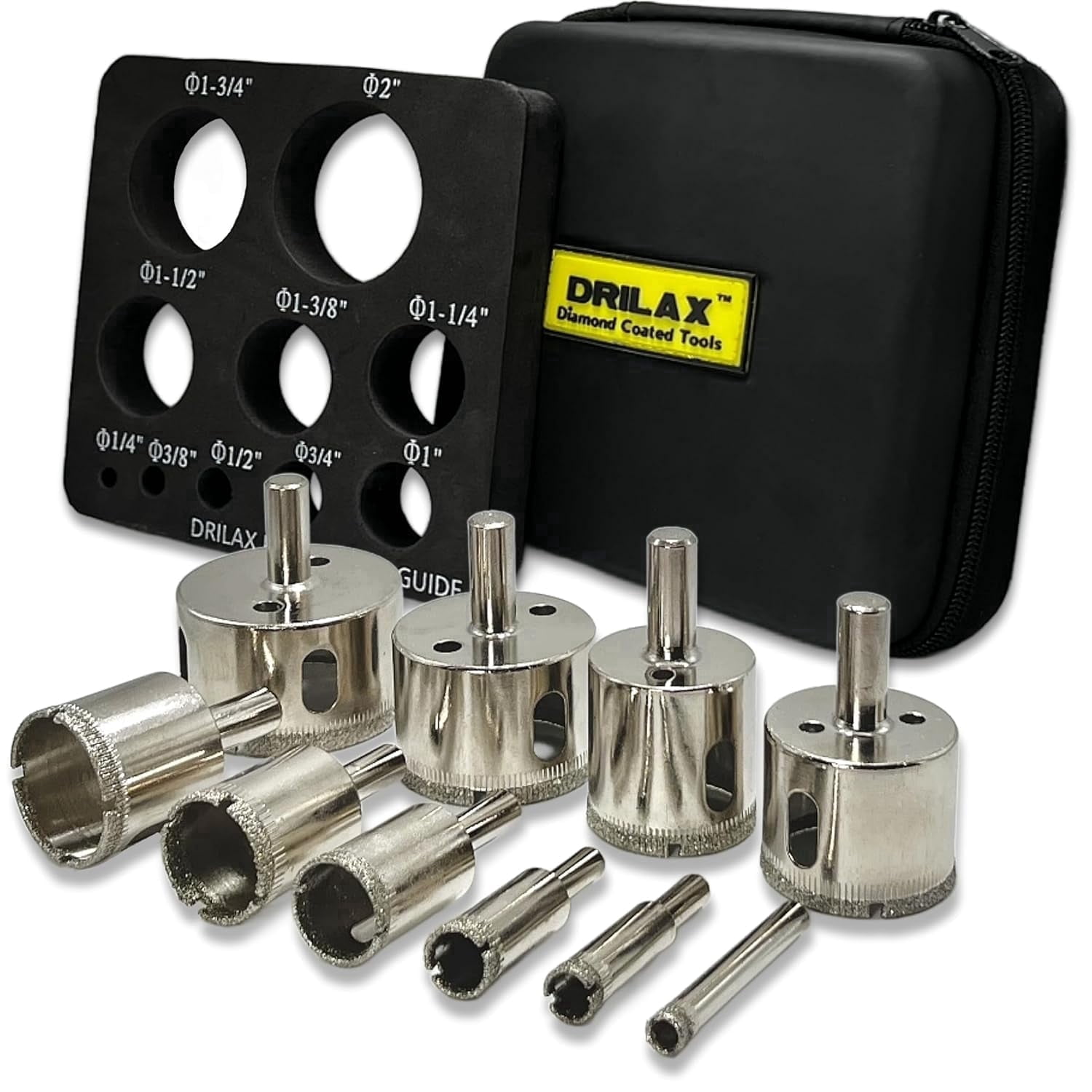 DRILAX Diamond Hole Saw Drill Bit Set with Guide 10-Piece 1/4 Inch to 2 Inch