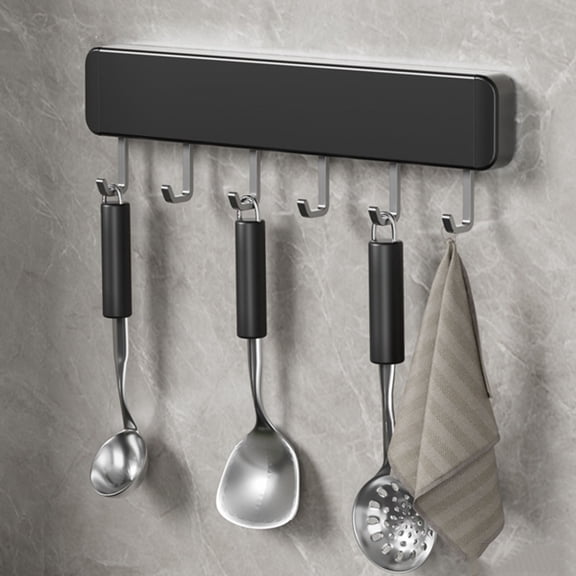 No Drill Adjustable Kitchen Utensil Rail, Wall Mount Adhesive Utensil Hanger With Movable Sliding Hooks, Heavy Duty Aluminum Kitchen Cutlery Mug Spoon Organizer-6 Hooks