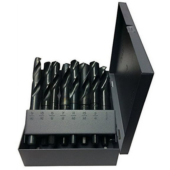 Drill America 8 Piece High Speed Steel Black Oxide Reduced Shank Drill Bit Set in Metal Case (9/16" - 1" x 16ths), DWDRSD Series