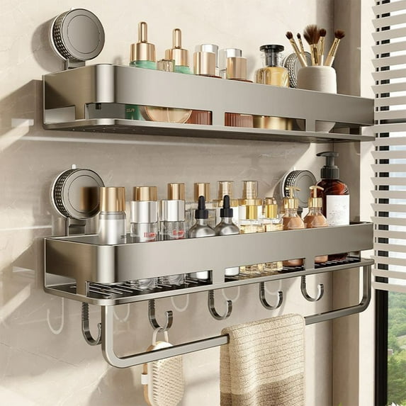 No Drill Bathroom Shelf with Suction Cup | Metal Rectangular Wall Mounted Storage Rack Gray 15.75"x5.51"x5.12" | Detachable, Multi-Functional Organizer for Toiletries, Kitchen, Bedroom