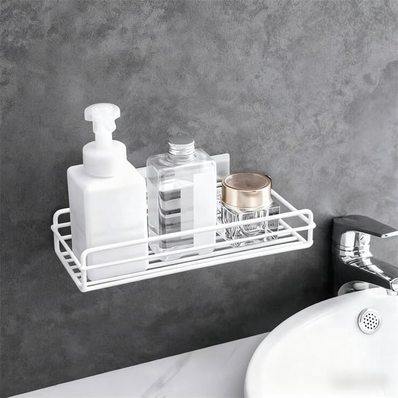 No Drill Bathroom Wall Shelf, White Adhesive Mount Rectangular Metal Storage Rack, Multipurpose Organizer for Toiletries, Shower, Kitchen, Space Saving Solution for Renters