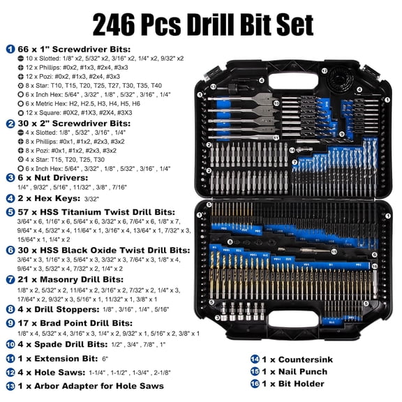 Drill Bit Set, 246 Pcs for Cordless Drill, Drill Driver Bit Set for Wood, Metal, Masonry, Cement and Screwdriver Bits Set Combo Kit