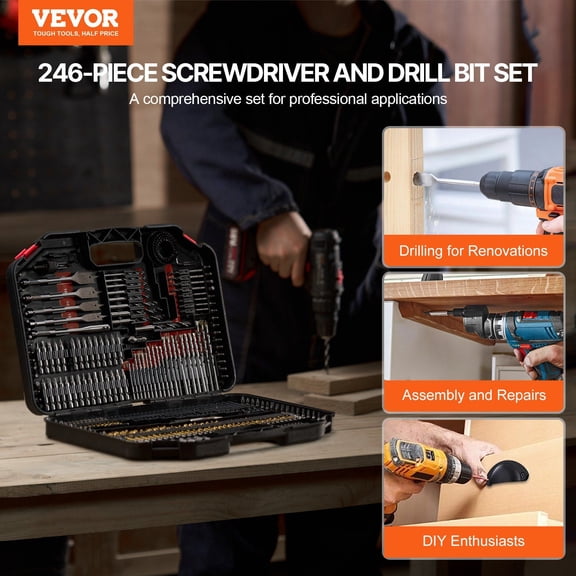 Drill Bit Set,246 Pieces Drill&Driver Bit Set,Screwdriver Bit Set Suitable for Wood Metal Cement Drilling&Screw Driving,Drill Bit Sets Combo Kit Assorted in Organized Carrying Case