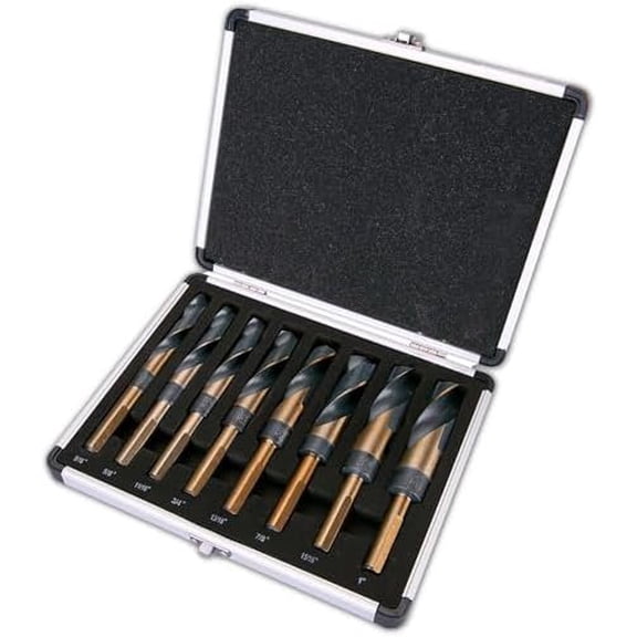 Drill Bit Set, Reduced Shank Drill Bit 8 Sizes from 9/16" to 1", HSS M2, Black & with 3-Flat 1/2" Shank, Metal Drill Bits for Steel/Plastic/, with Storage case