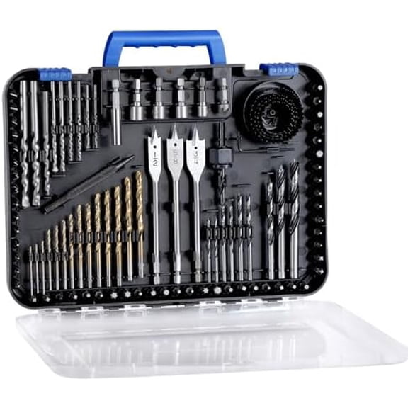 Drill Bit Set, Titanium Twist Brad Point Driver Bits, Drill and Bits Combo Kit with Case for , , Concrete and Masonry, 100 count-Blue