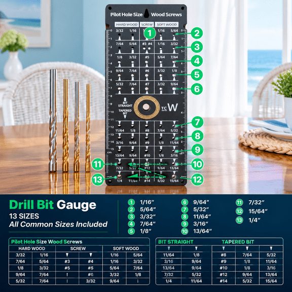 Drill Bit and Wood Screw Gauge with Pilot Hole Reference Chart for Woodworking