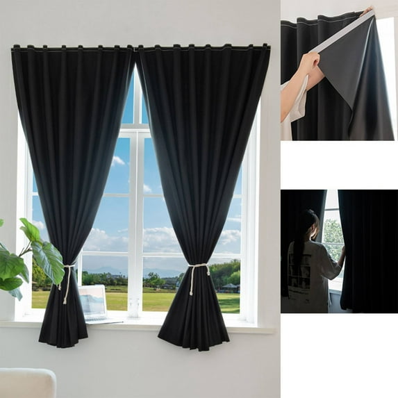 No Drill Blackout Curtain Easy Install Window Curtain Panels Magic Tape Stick on Portable Curtains for Windows Self Adhesive Curtains (150x200cm 2 Panels Black)