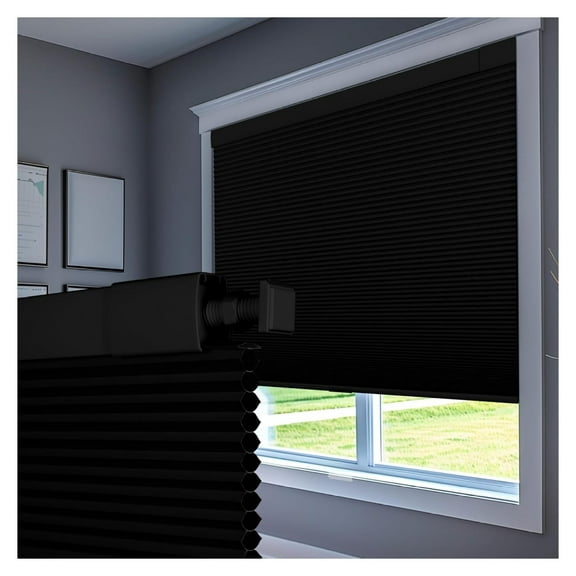 No Drill Blinds for Windows Blackout Cellular Shades Cordless No Tools Honeycomb Blinds Pull Down Easy Install for Home and Office, Black, 32.5" W x 64" H
