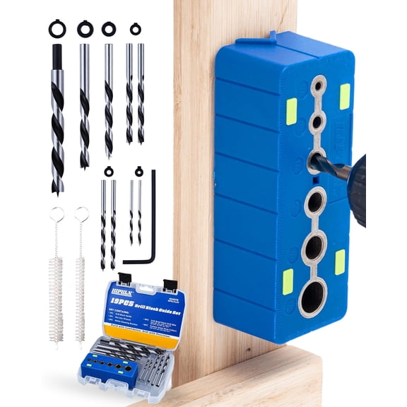 Drill Block Guide Set for Straight Holes with Drill Bits & Stop Collars Complete Kit with 9 Brad Point Bits, 6 Depth Collars, Case, Guide Blocks for Woodworker Drilling Holes & DIY Projects