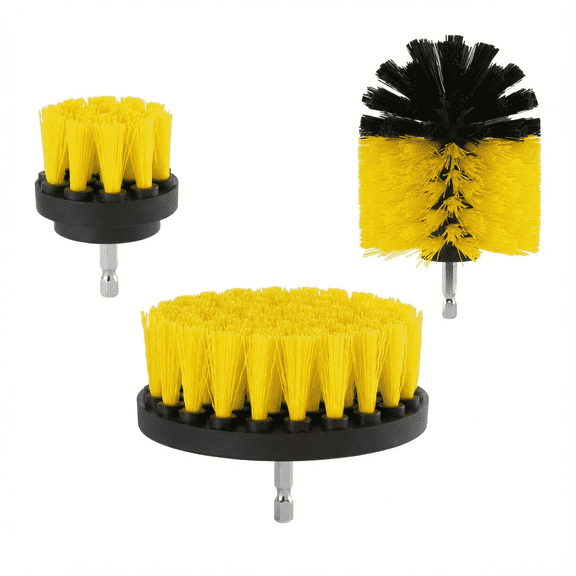 Drill Brush 3-Piece Set - Car Detailing Accessory Kit for Wheels, Tires, Carpets, Interior, Indoor Decor, and Bathroom Cleaning, Yellow and Black