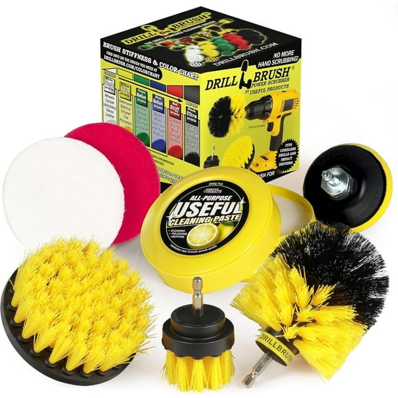 Drill Brush Attachment House Cleaning Supplies Set: Nylon Toilet Brush Kit, Lemon Lime Cleaning Paste, Scrub Pads - Bathroom Tile Grout Cleaner