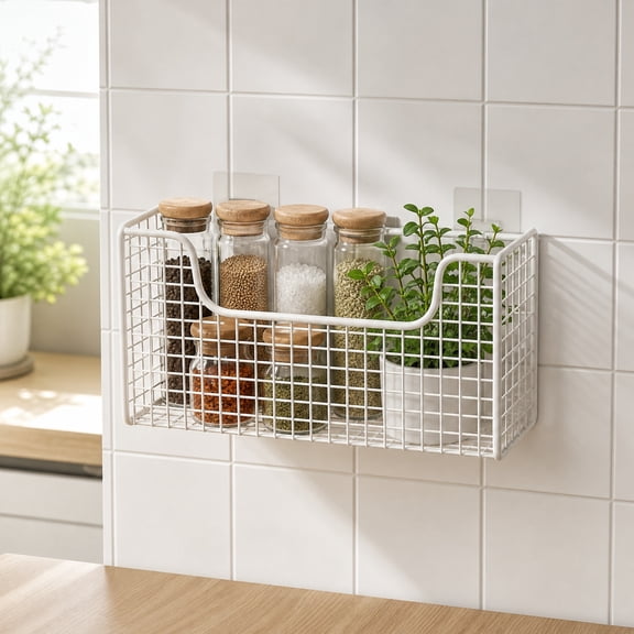 No Drill Over Cabinet Door Storage Rack, Wrought Iron Kitchen Organizer Basket for Plastic Wrap, Garbage Bags, Spice Bottles, and Cabinet Door Storage