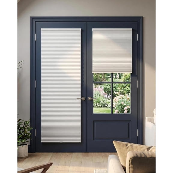 No Drill Cellular Shades for French Doors, Cordless Blackout Honeycomb Shades for Patio Door Privacy, Install with Adhesive Foam Tape OR Drillable Mount, 1 Pack, 24" W x 40" H, White