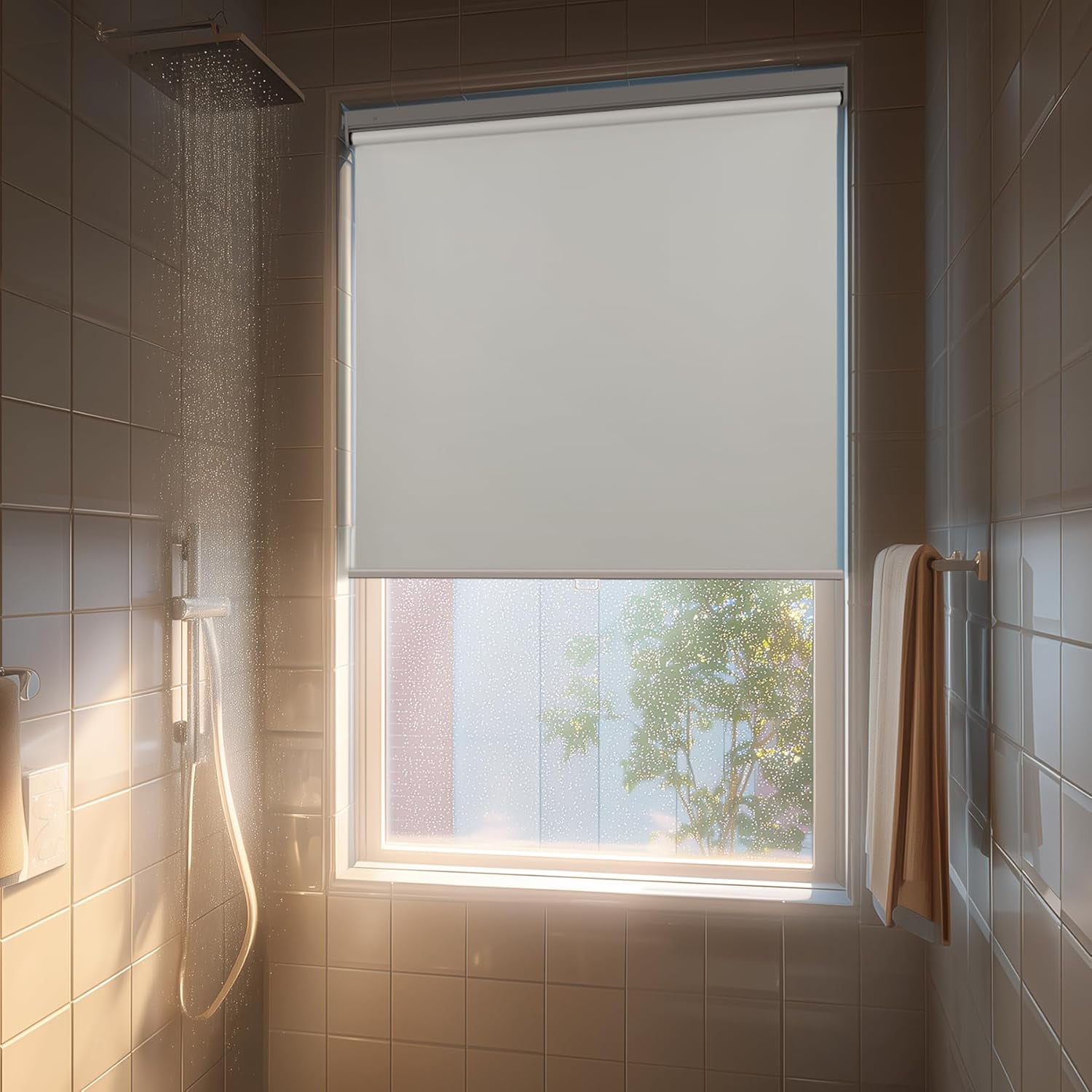 No Drill Cordless Blackout Roller Shades Screwless Waterproof Shower Window Blinds, Auto-Retraction Easy Install Blind for Bathroom/Kitchen/Office/Exterior, White, 34.5" W x 72" H