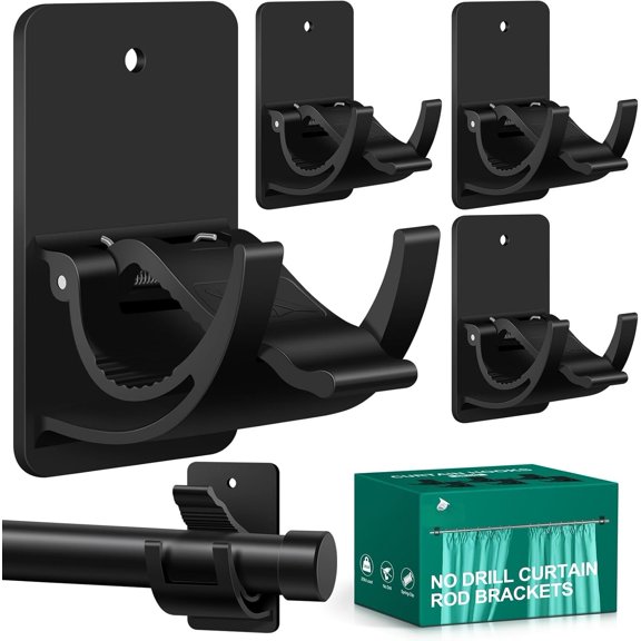 No Drill Curtain Rod Brackets, 4 count Self Adhesive Curtain Hooks 20lb, Free Adjustable Curtain Rod Holders Rental Friendly for Apartment, Kitchen, Bathroom, Dorm & Living Room