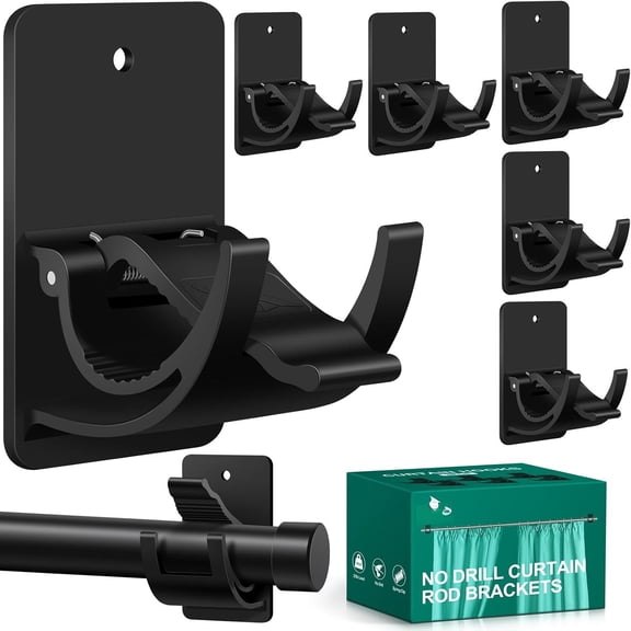 No Drill Curtain Rod Brackets, 6 count Self Adhesive Curtain Hooks 20lb, Free Adjustable Curtain Rod Holders Rental Friendly for Apartment, Kitchen, Bathroom, Dorm & Living Room