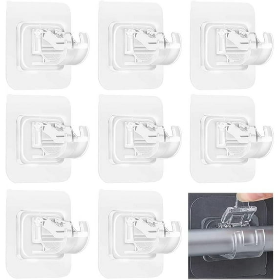 No Drill Curtain Rod Brackets,8Pcs Self Adhesive Curtain Rod Holder Hooks,Hole-Free Curtain Rod Hook,No Nail Curtain Rod Brackets Fixing Holders for Bathroom Kitchen Home Hotel (Transparent)