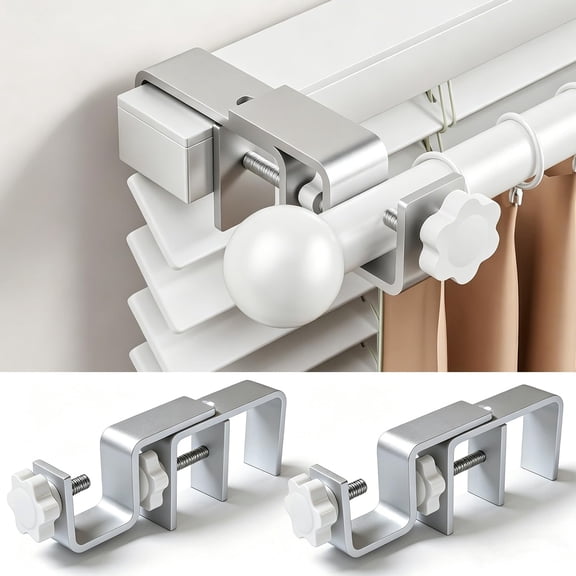 No Drill Curtain Rod Brackets for Outside-Mount Blinds, Tool-Free Over-Blind Curtain Rod Holders, Fits 1-2" Rectangular Headrails, No Wall Damage, Renter Friendly Window Hardware, 2 Pack,Silver